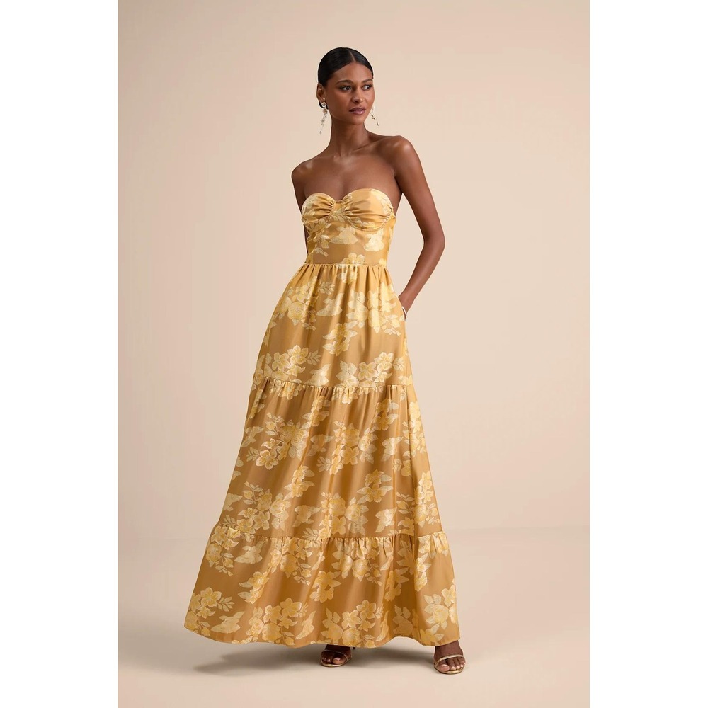 Lulus Petrina Golden Yellow Floral Jacquard Strapless Maxi Dress Size XS